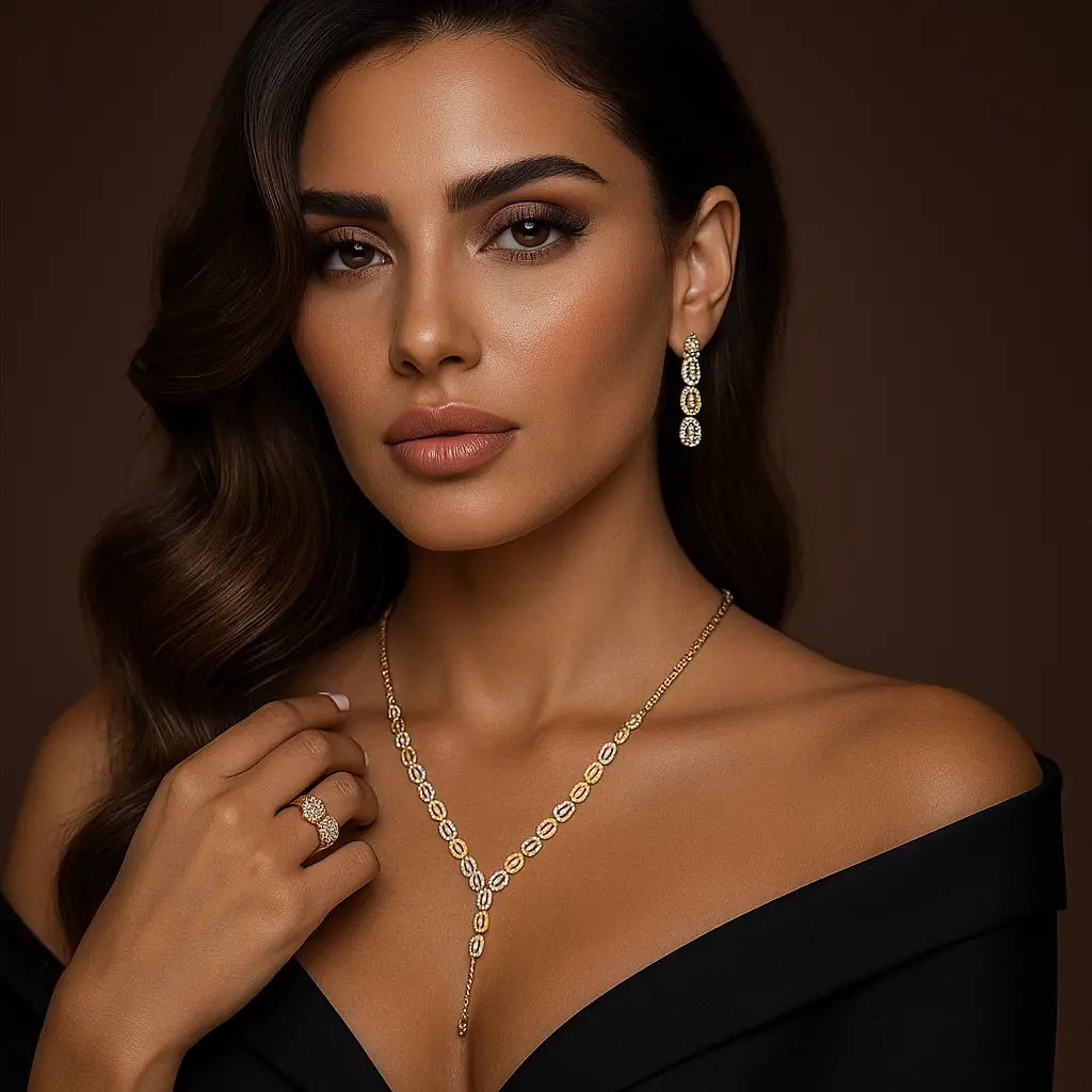 Femme portant un collier, des boucles d’oreilles et une bague en or et diamants