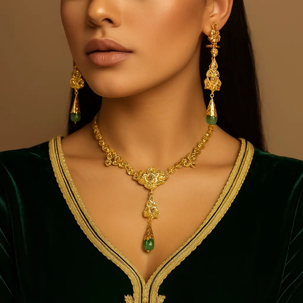 Parure traditionnelle en or et pierres vertes portée sur un caftan