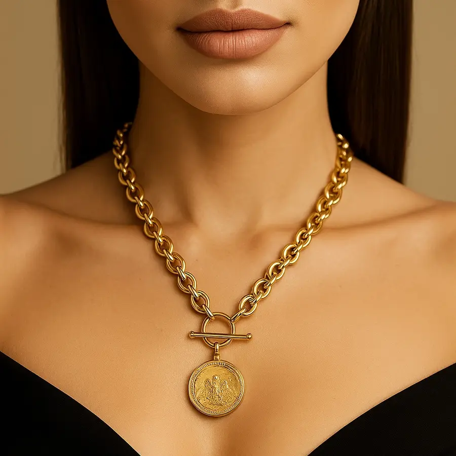 Chaîne en or et médaille portées en collier